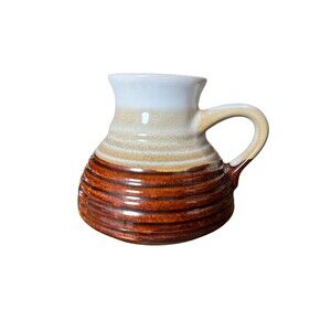 Vintage Ceramic Pottery Wide Base No Spill Travel Coffee Mug Tri Brown White